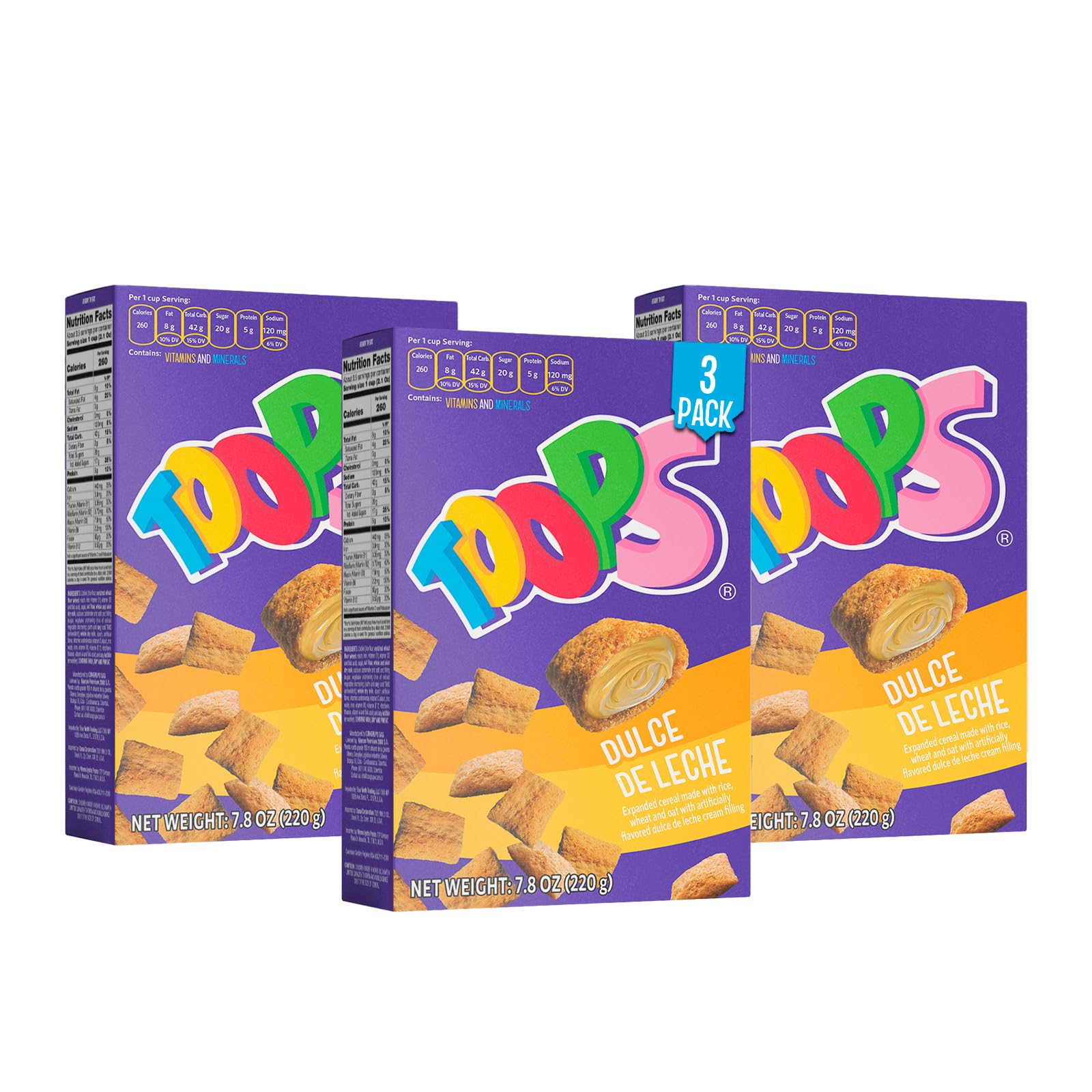 TOOPS front packaging showing three-pack and product name, easy portioning benefit