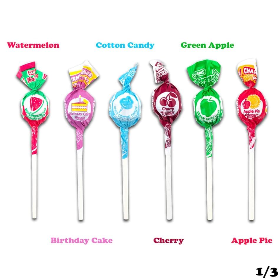 Tootsie Charms Mini Pops flavor array laid out to show 18 unique flavors and variety