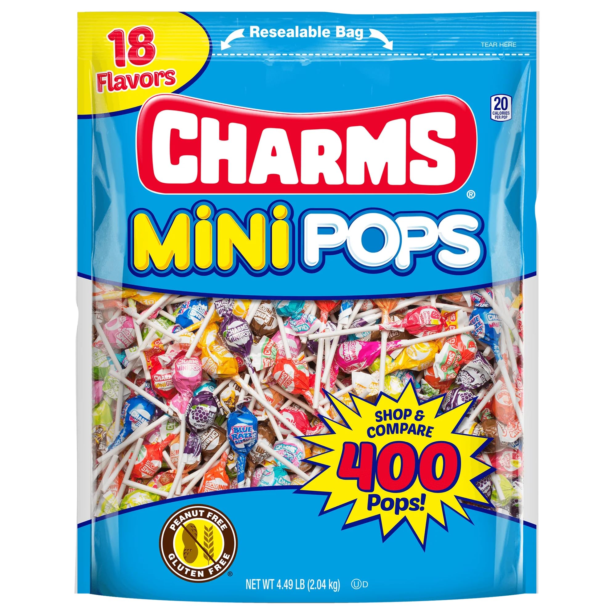 Tootsie Charms Mini Pops front bag showing 400-count and colorful branding for bulk gifting