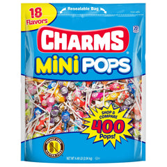 Tootsie Charms Mini Pops front bag showing 400-count and colorful branding for bulk gifting