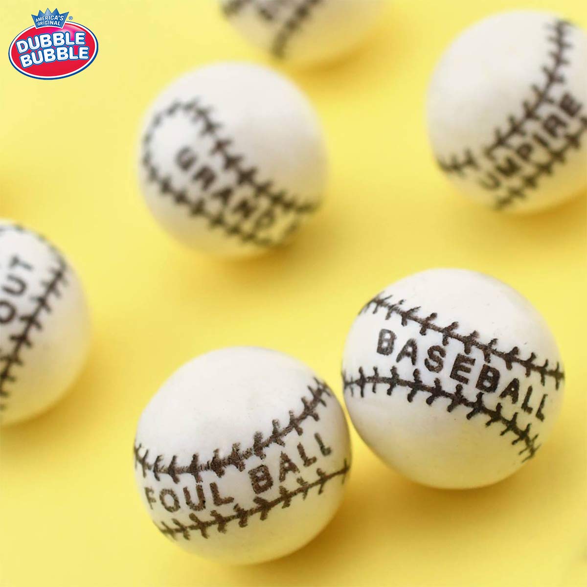 Tootsie Roll Dubble Bubble close-up of baseball-patterned coating highlighting vibrant colors