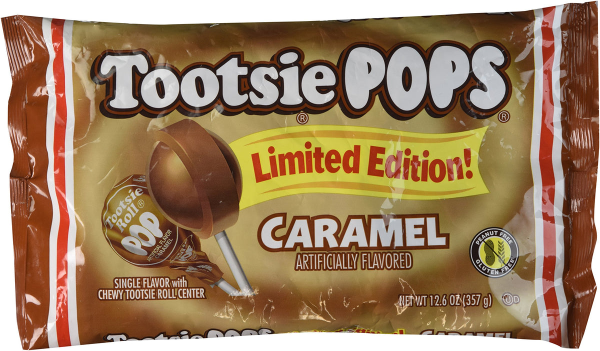 Tootsie Pops caramel front packaging shows limited-edition caramel flavor and freshness
