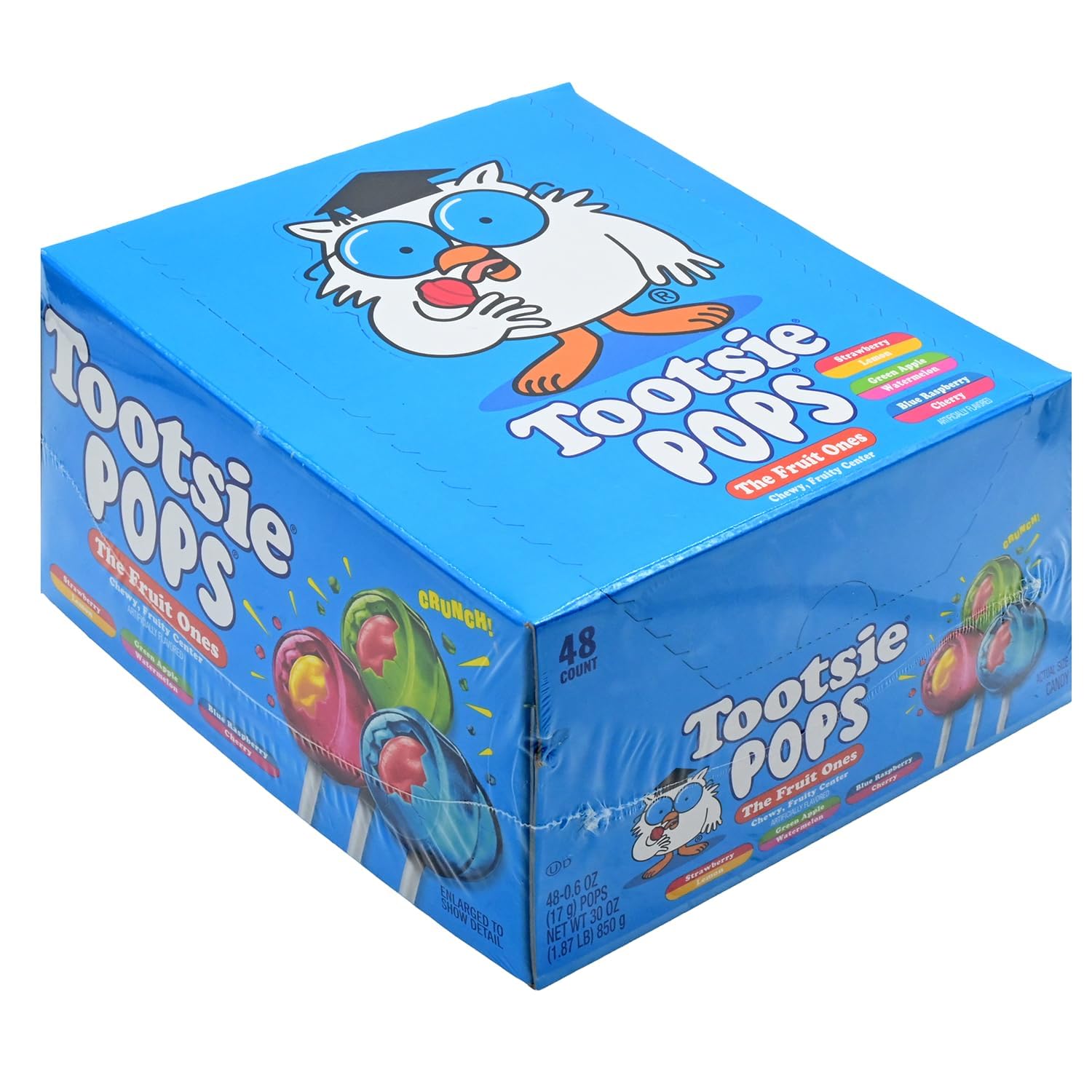 Tootsie Pops front packaging showing 48-count box and colorful flavor variety