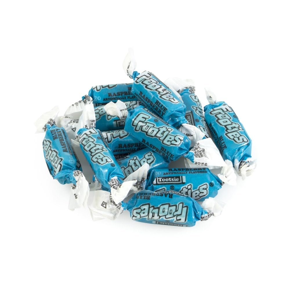 Tootsie Roll close-up of blue Frooties texture showcasing chewiness and color