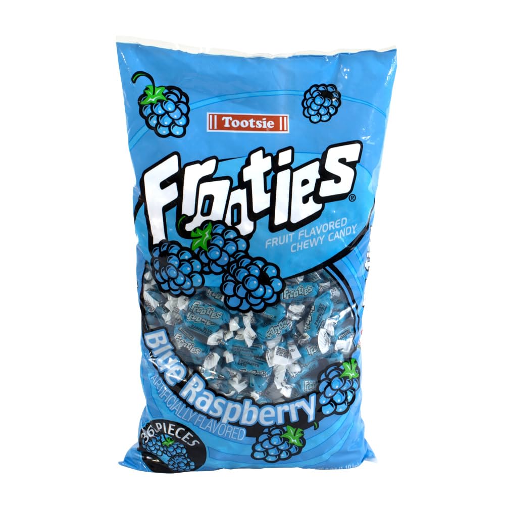 Tootsie Roll front packaging showing 2 lb bag and blue raspberry appeal