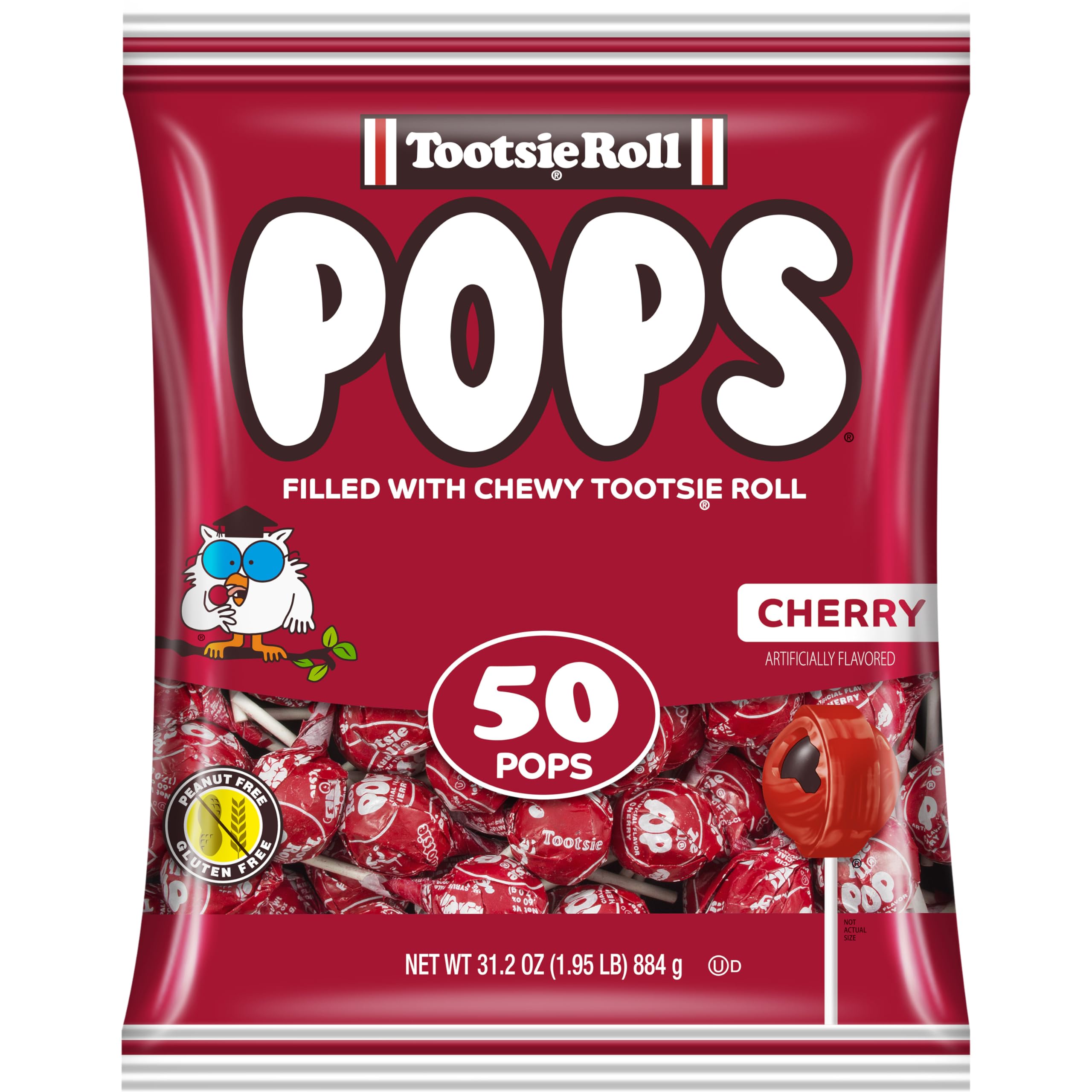 Tootsie Roll cherry front packaging showing bulk 50-count bag and clear branding, convenient bulk snack