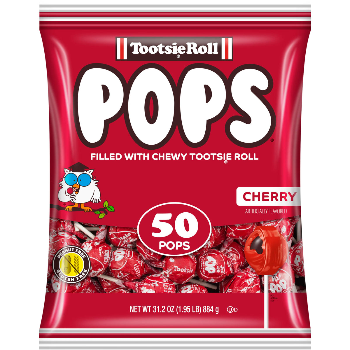 Tootsie Roll cherry front packaging showing bulk 50-count bag and clear branding, convenient bulk snack