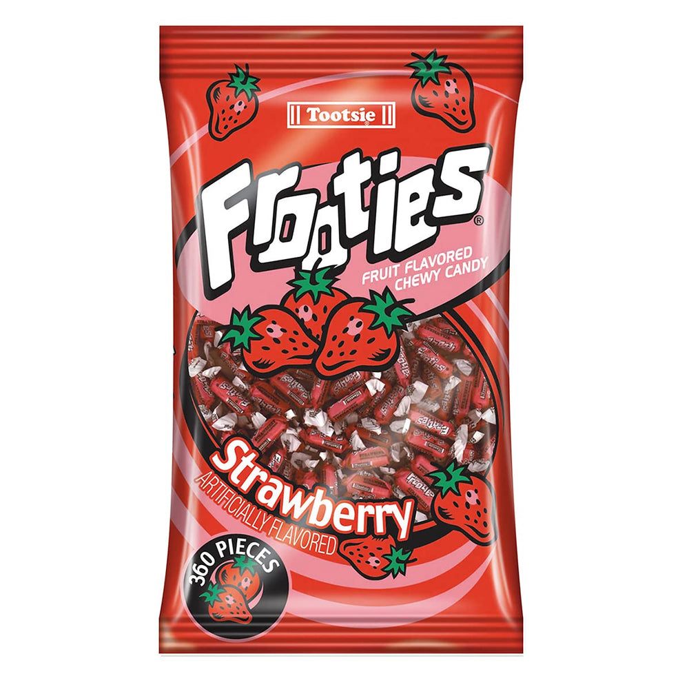 Tootsie Roll front package showing 360-count bulk bag and bright red pieces
