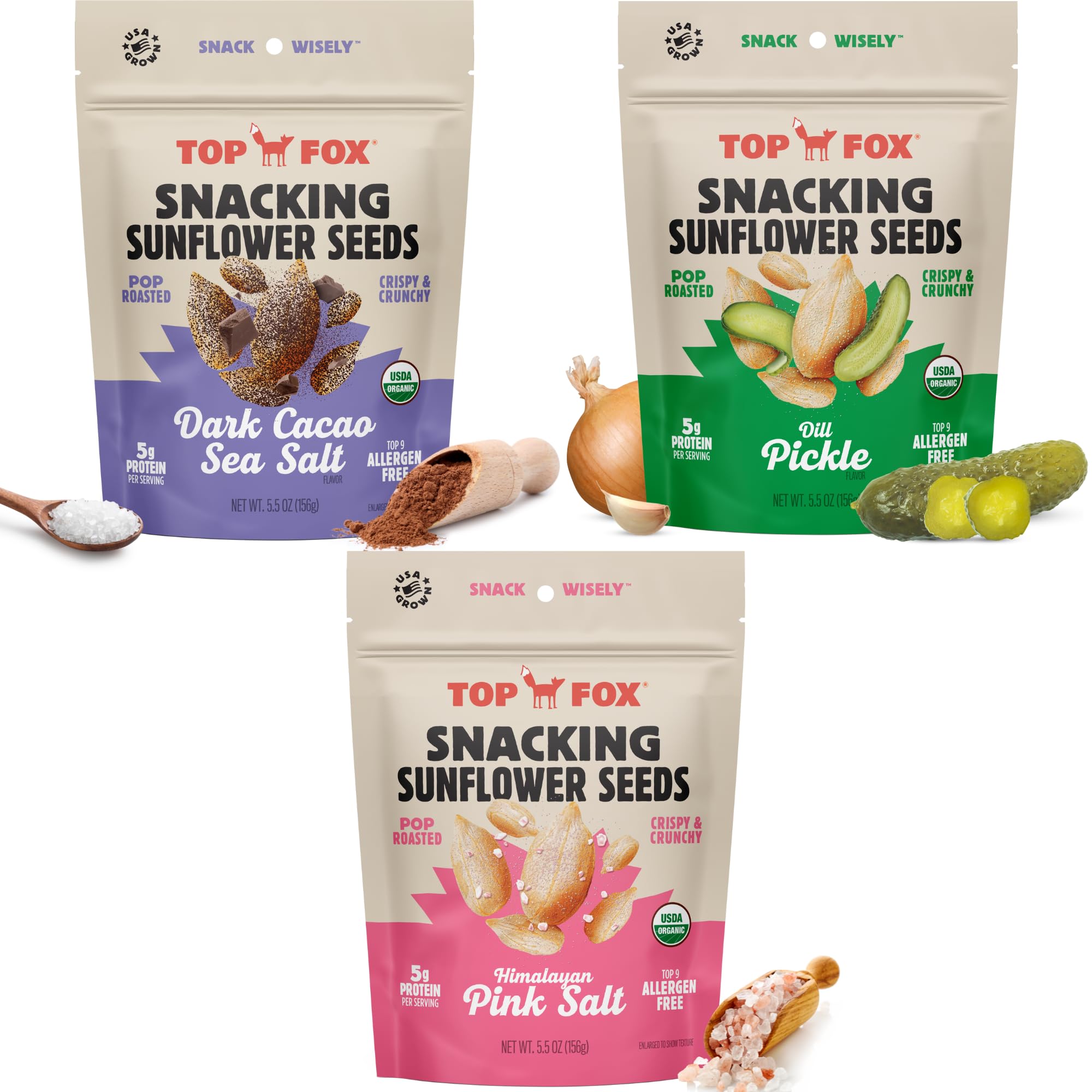 TOP FOX front packaging showing six-pack variety and portable resealable pouches benefit: easy grab-and-go