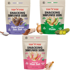 TOP FOX front packaging showing six-pack variety and portable resealable pouches benefit: easy grab-and-go