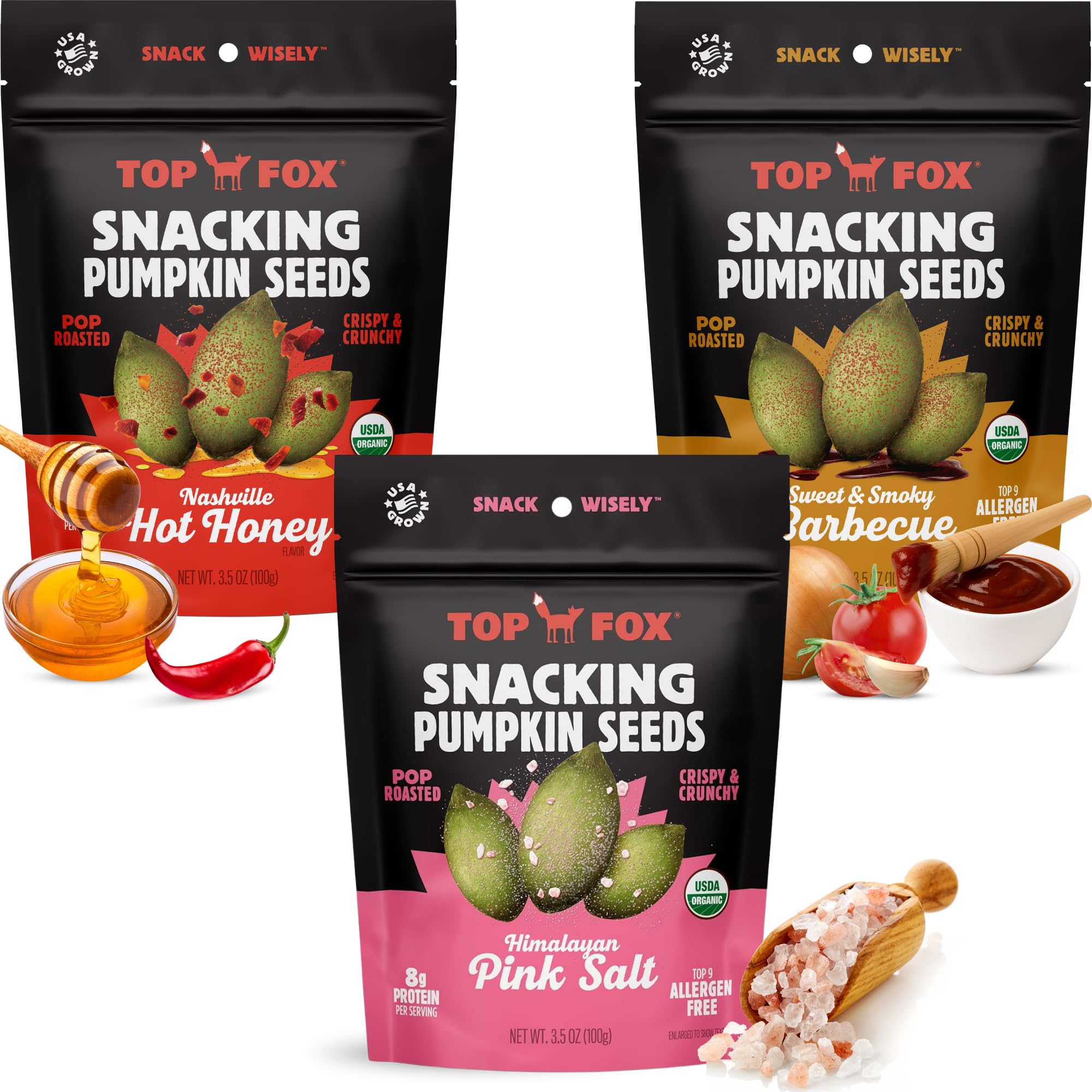 Top Fox front packaging showing three flavor pouches and variety benefits