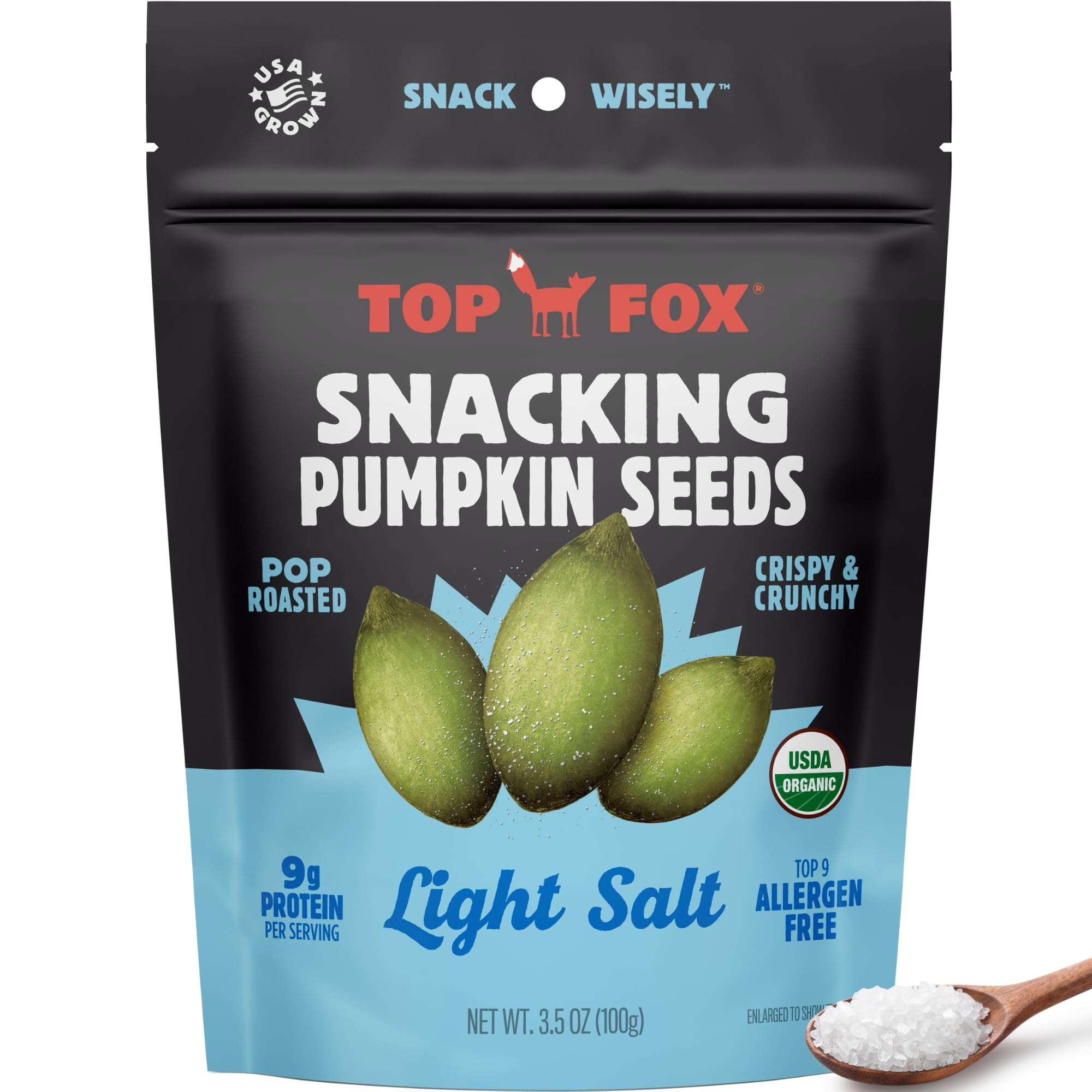 TOP FOX front packaging showing 3.5 oz pouch and light salt benefit