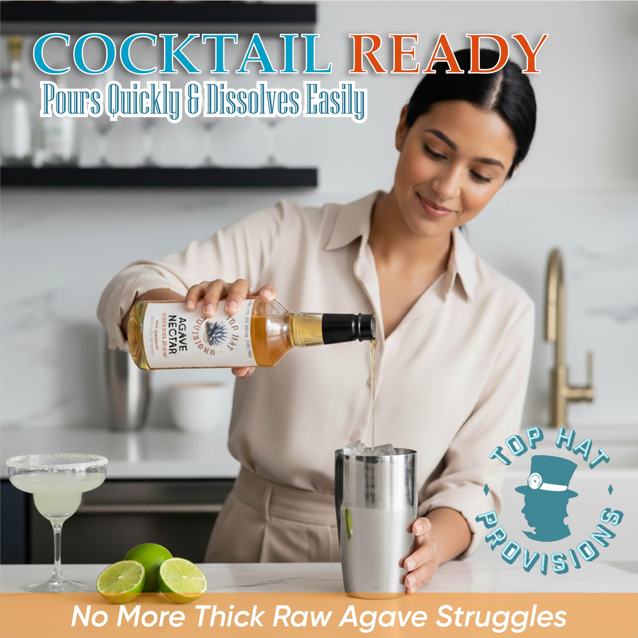 Top Hat Provisions pouring agave nectar into a cocktail for quick sweetening