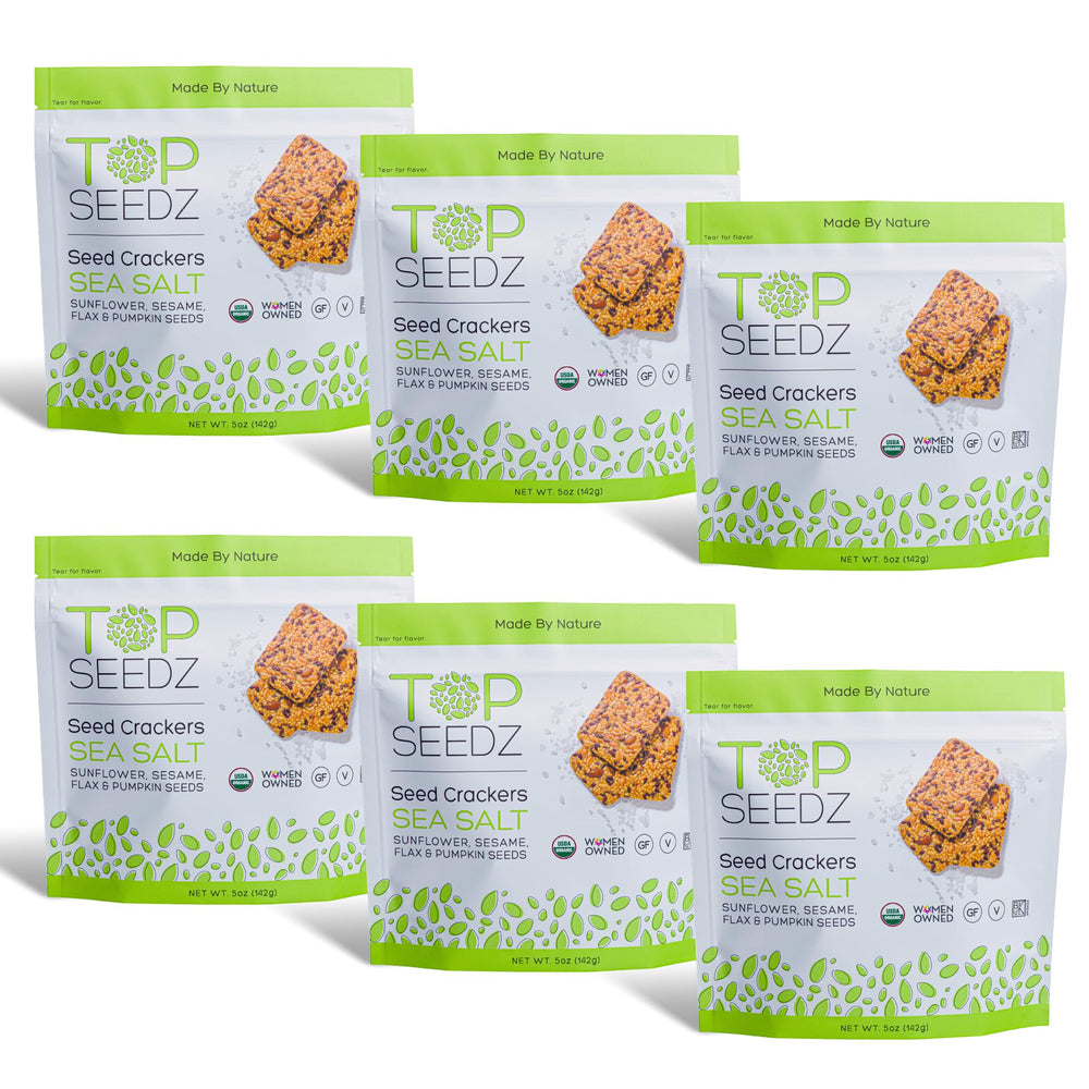 Top Seedz front packaging showing six 5 oz pouches and sea salt flavor benefit