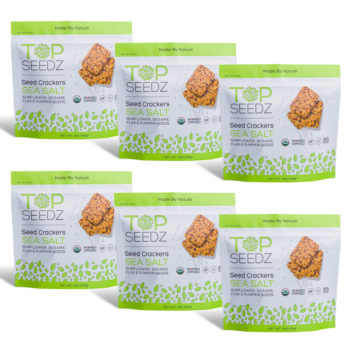 Top Seedz front packaging showing six 5 oz pouches and sea salt flavor benefit