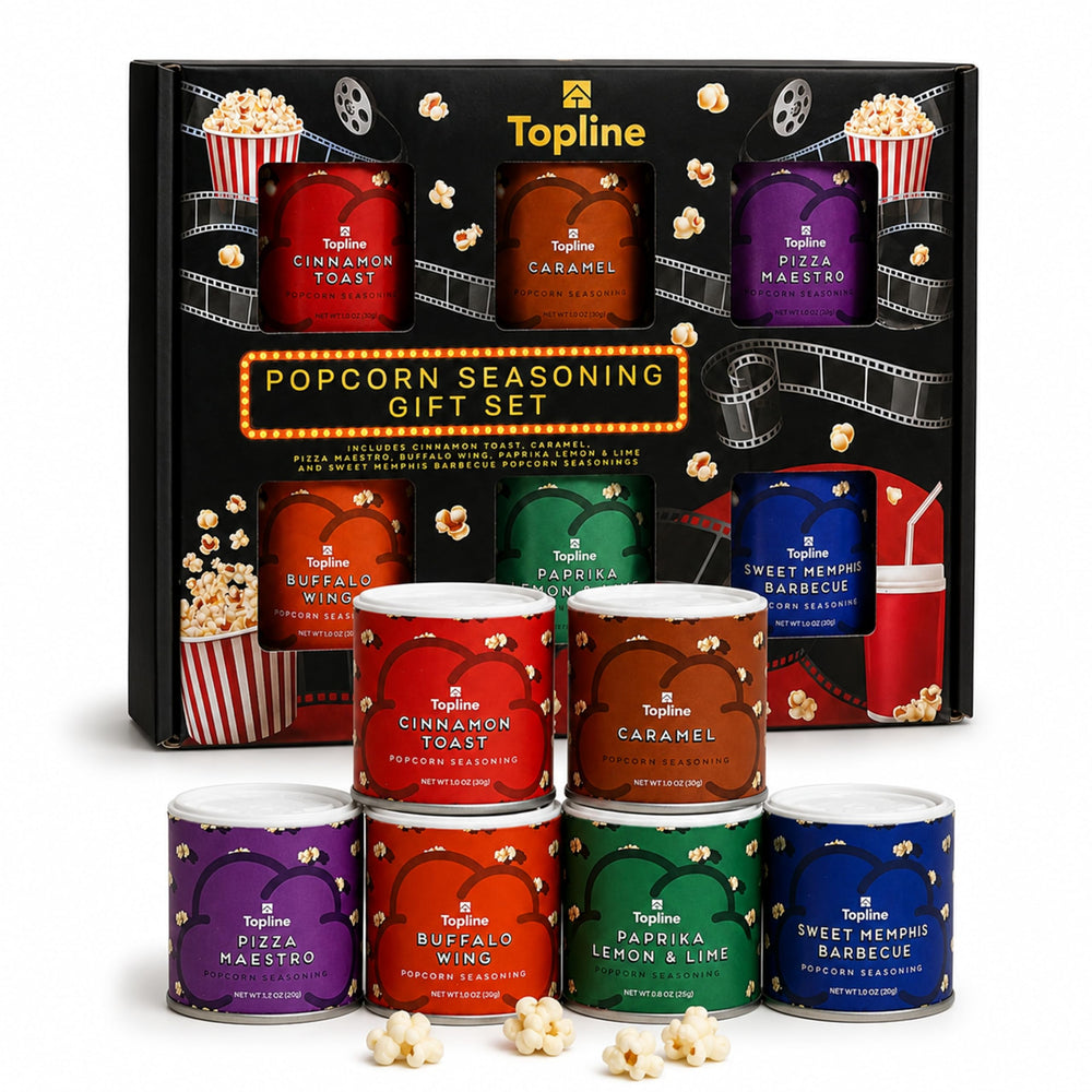 Topline front packaging showing six-flavor variety and gifting appeal