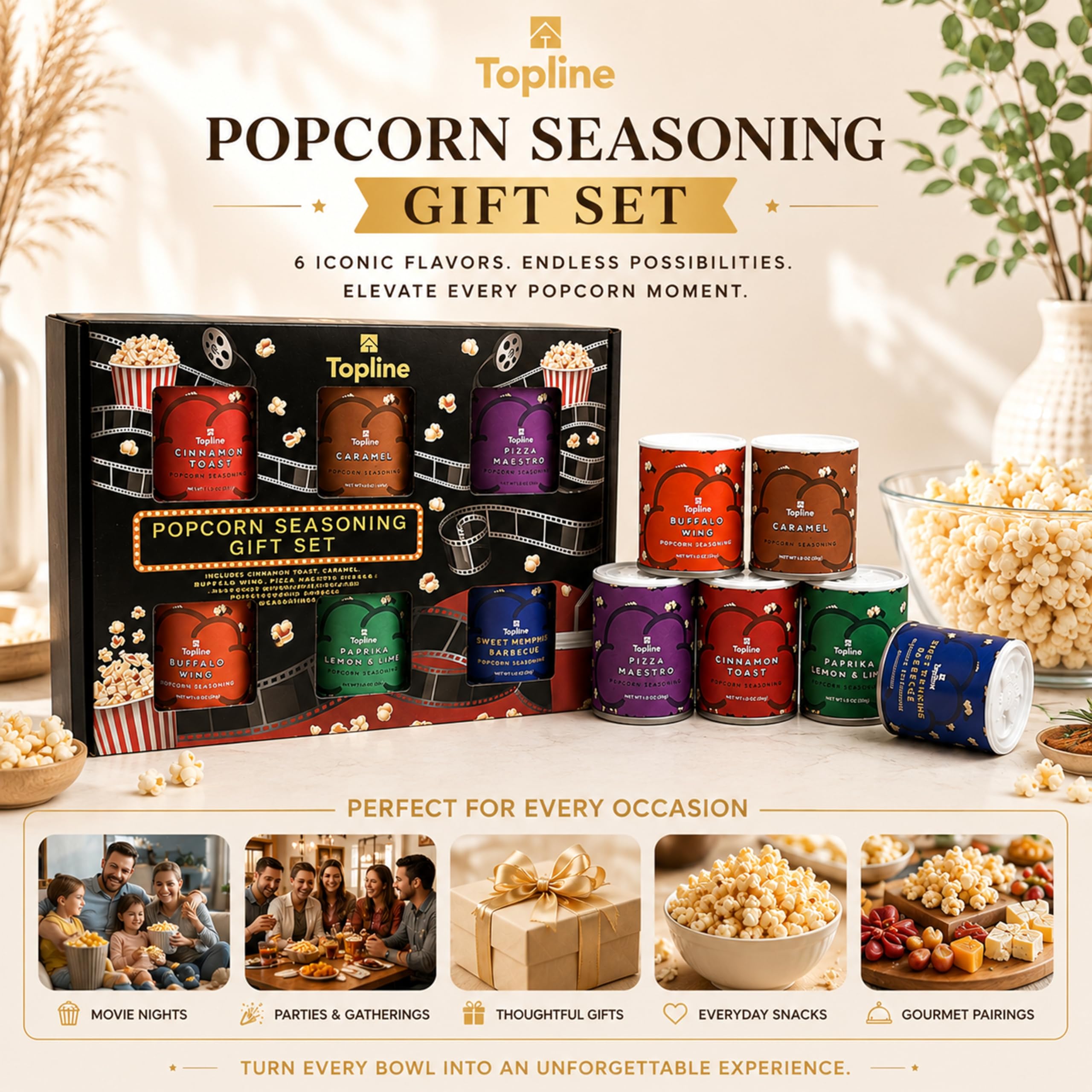 Topline bowl of popcorn being seasoned to show instant flavor boost during use
