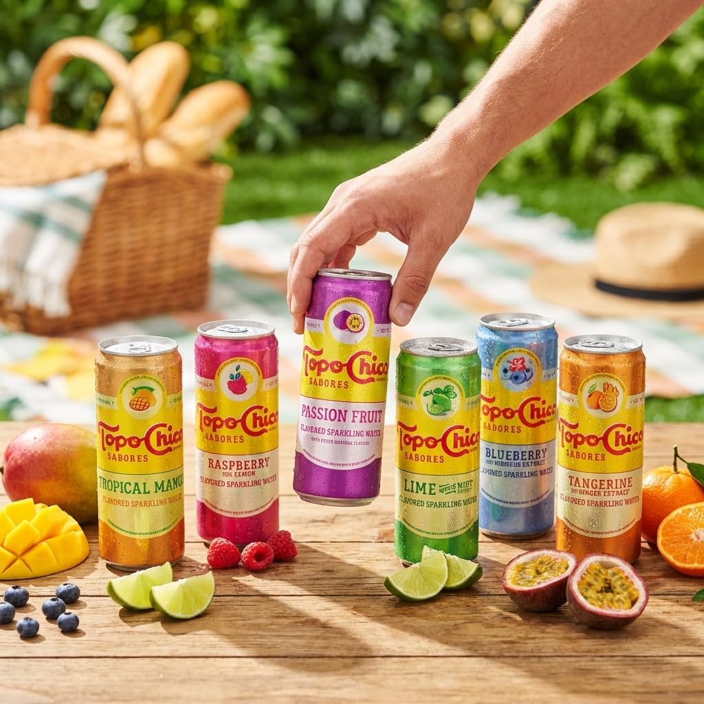 Topo Chico Tropical Mango poured into glass illustrating bold flavor and refreshment