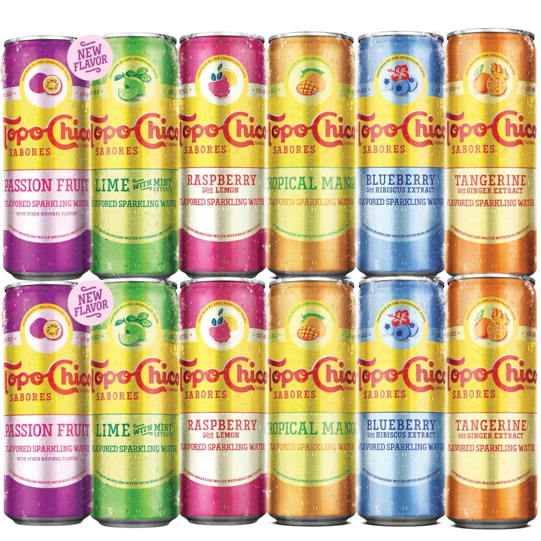 Topo Chico Sabores front pack view showing assortment and refreshment benefit