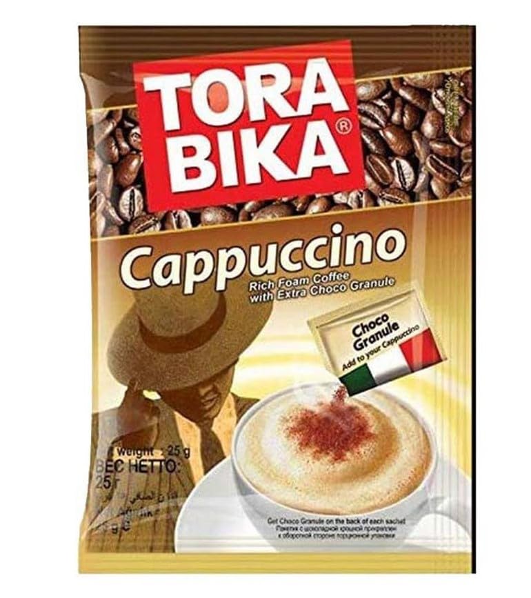 Torabika cup close-up with choco granules on foam for rich texture and taste