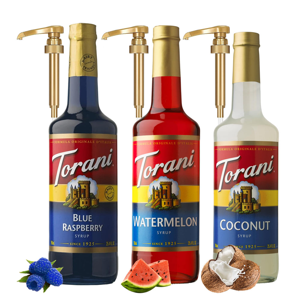 Torani three-pack front view showing colorful bottles and label benefits