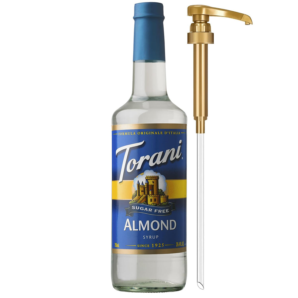 Torani bottle front packaging showing almond syrup brand and size for clear choice