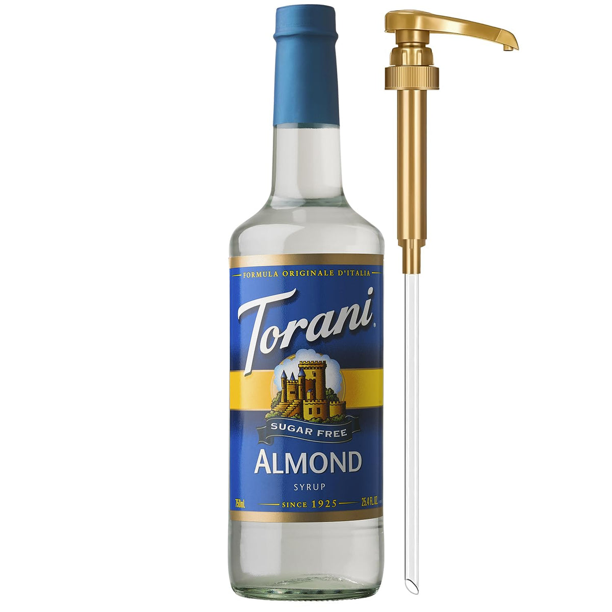 Torani bottle front packaging showing almond syrup brand and size for clear choice