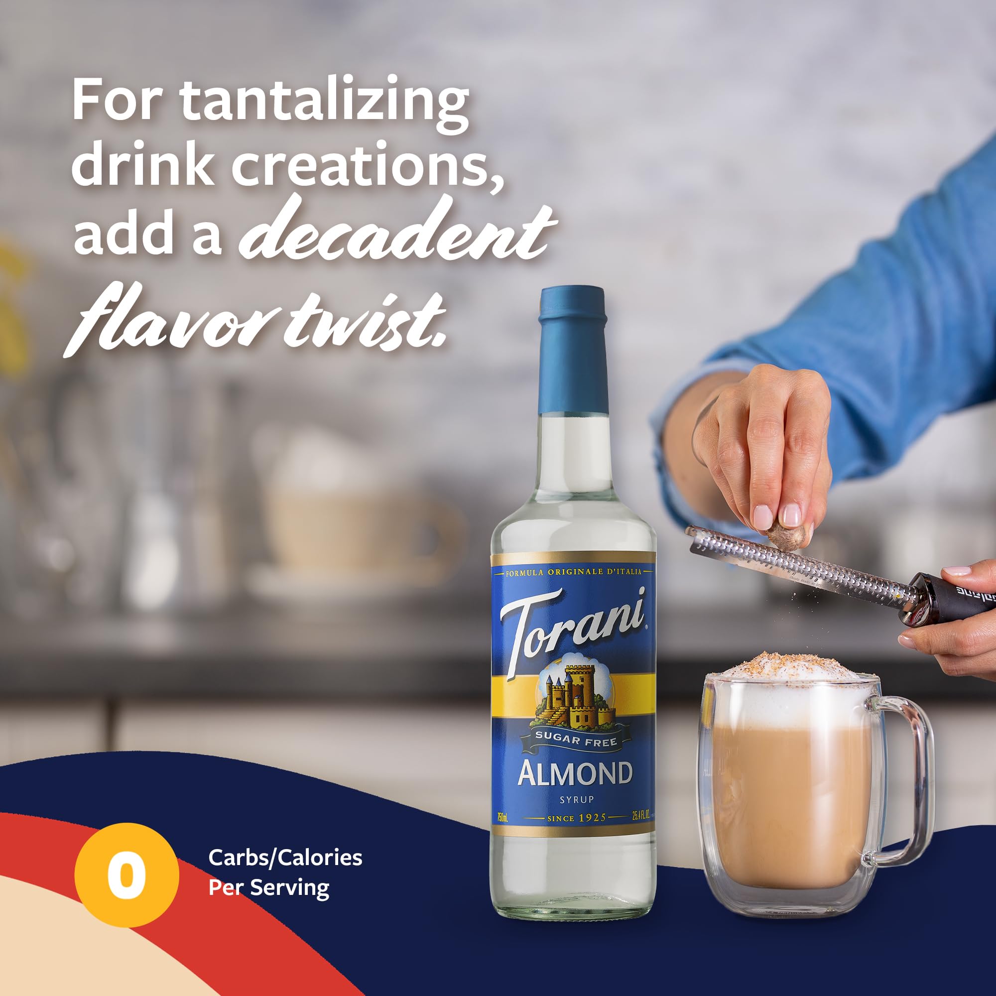 Torani almond syrup mixed into iced latte demonstrating smooth cold blending
