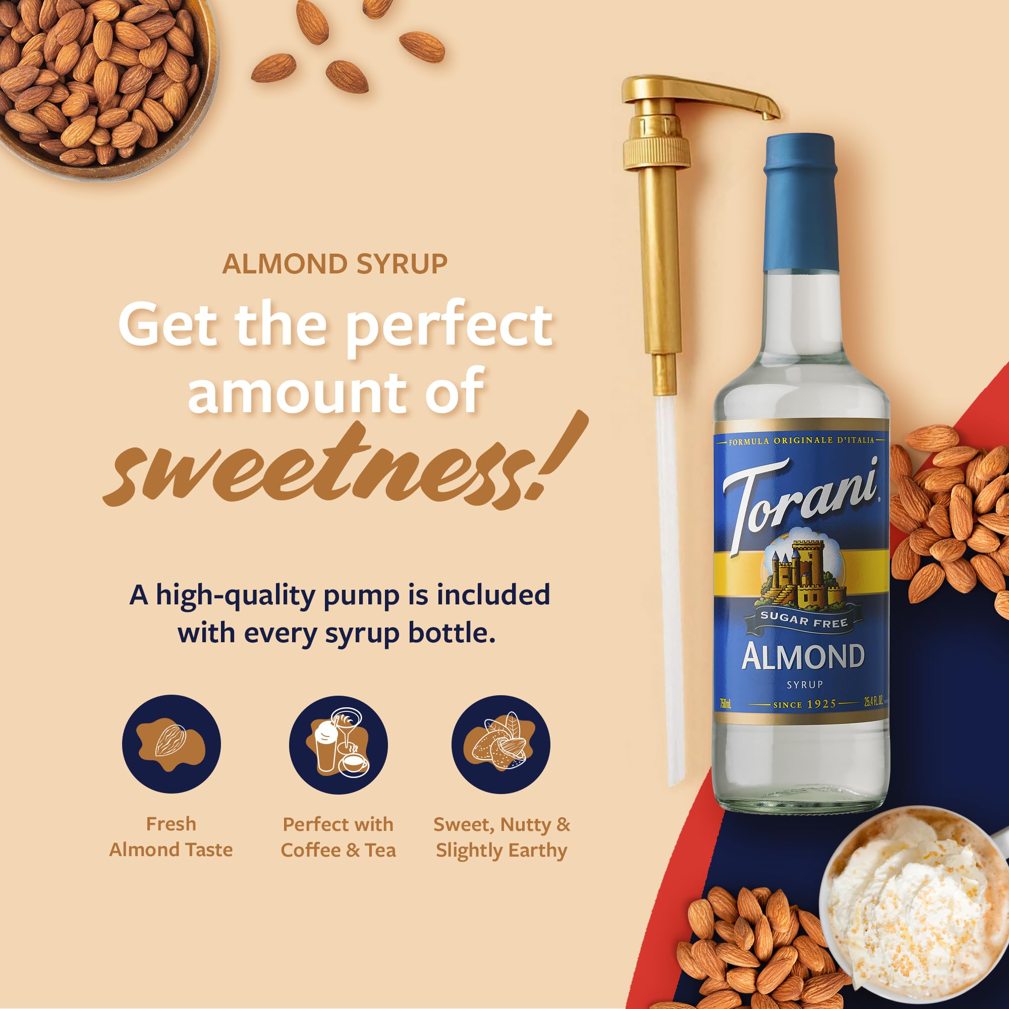 Torani almond syrup pouring over espresso showing flavor boost in coffee