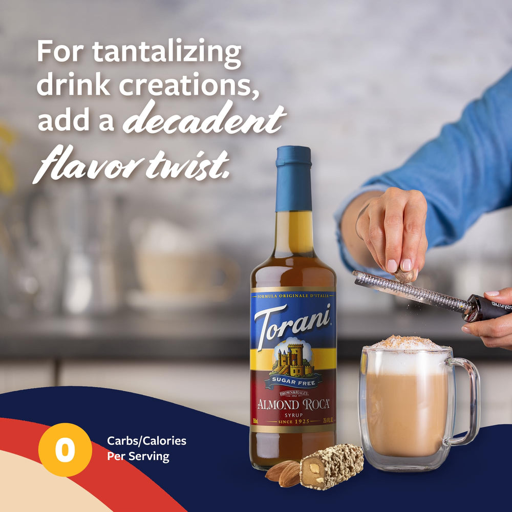 Torani Almond Roca syrup close-up texture highlighting rich flavor