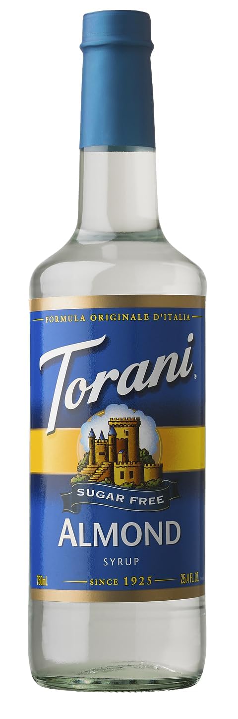 Torani sugar free almond syrup front bottle showing label and size, perfect flavoring