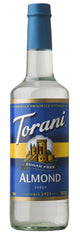 Torani sugar free almond syrup front bottle showing label and size, perfect flavoring