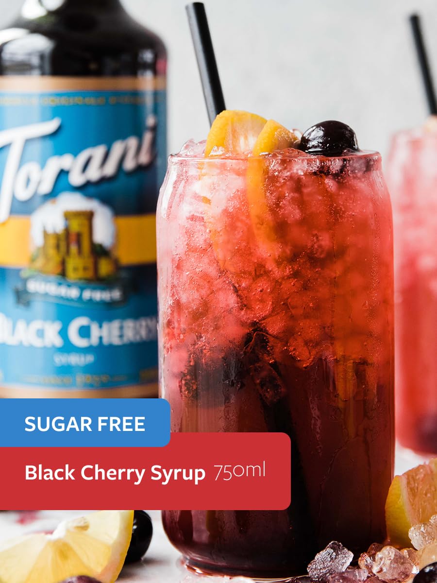 Torani close-up syrup pour showing rich cherry color and smooth texture benefit