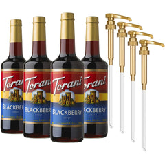 Torani blackberry syrup front packaging showing four glass bottles and pumps for easy use