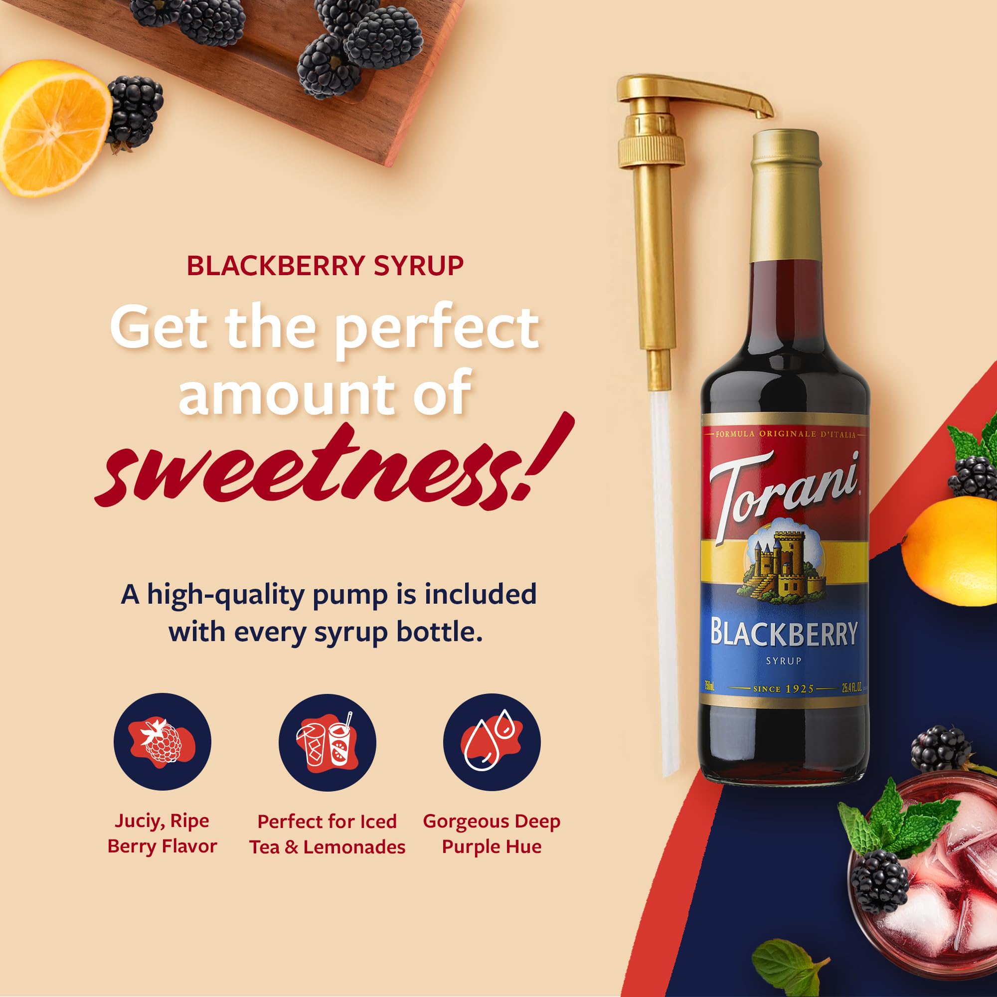 Torani blackberry syrup texture and ingredients close-up showing rich color and natural flavor