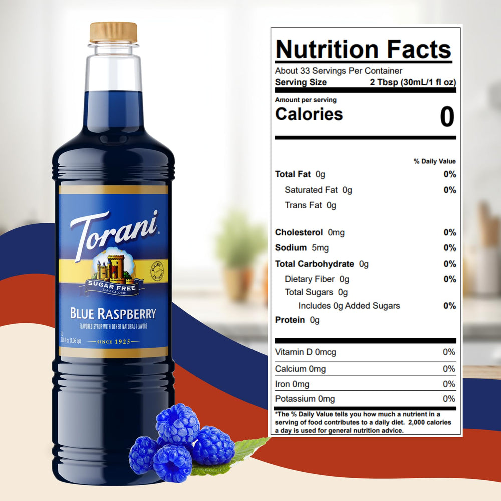 1L Torani bottle beside a glass to show bottle scale and serving convenience