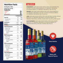 Close-up of Torani Blue Raspberry bottle label and syrup color for vibrant flavor recognition