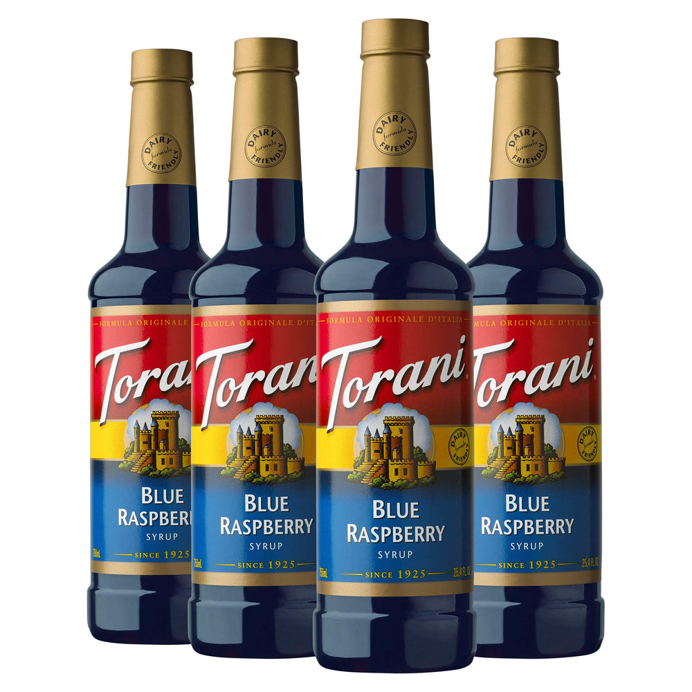 Torani blue raspberry bottle front showing bold color and easy-pour benefit