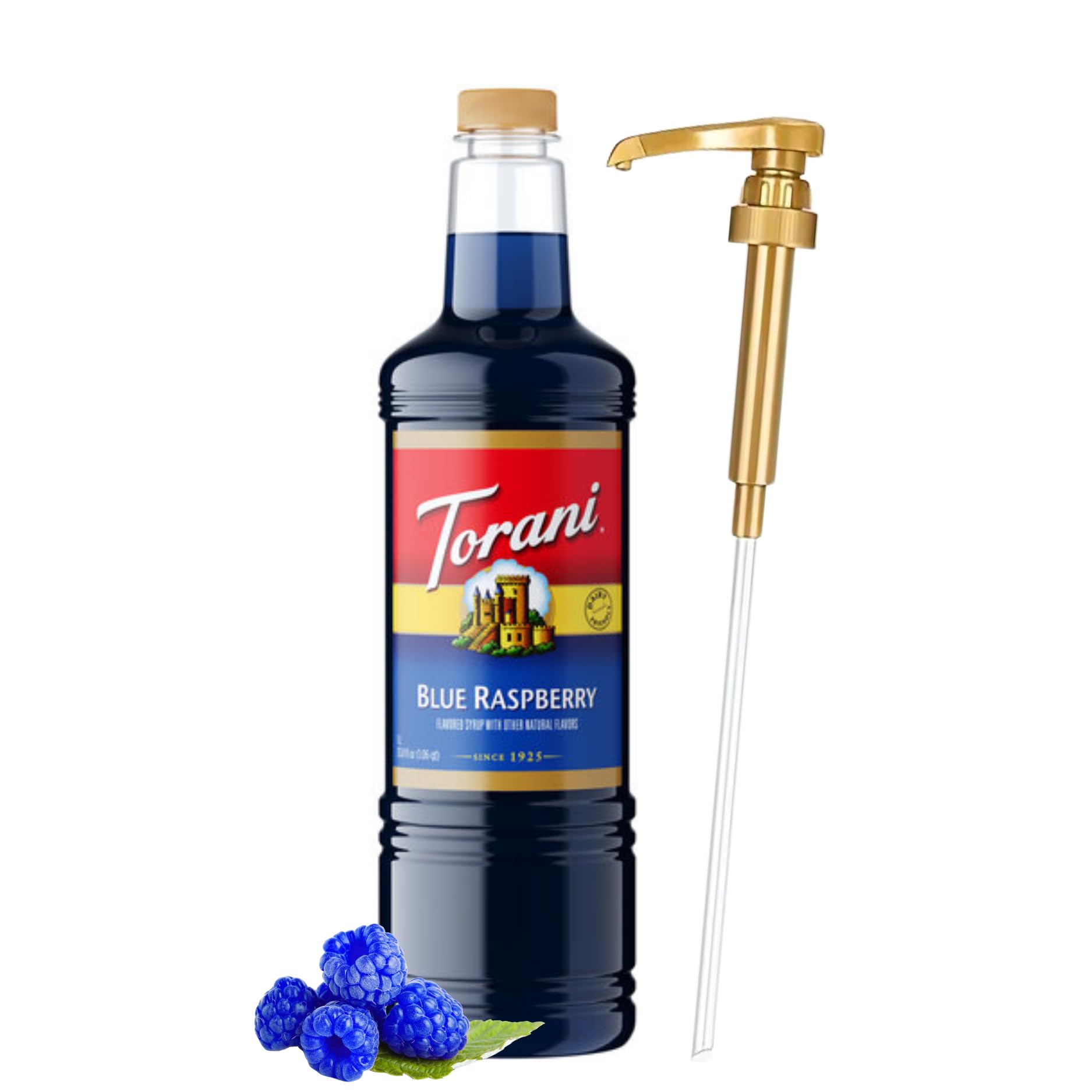 Torani bottle front label showing blue raspberry flavor and 1L size benefit