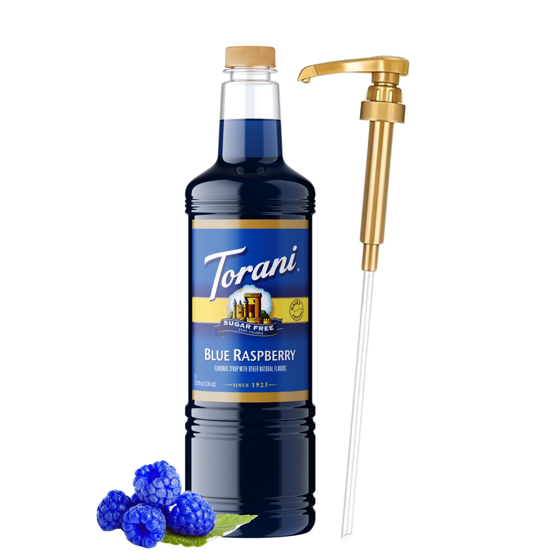 Torani bottle front view showing blue raspberry flavor and zero sugar benefits
