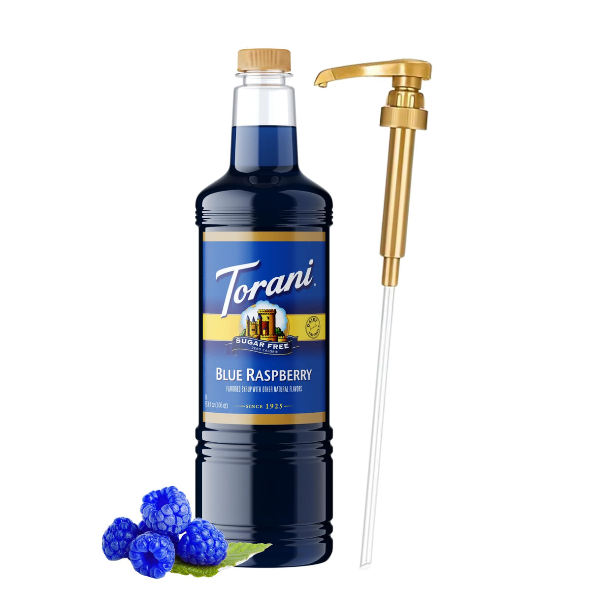 Torani bottle front view showing blue raspberry flavor and zero sugar benefits