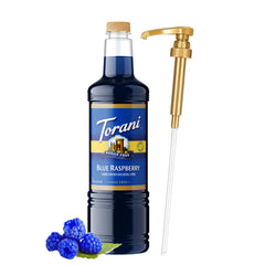 Torani bottle front view showing blue raspberry flavor and zero sugar benefits