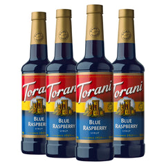 Torani blue raspberry bottle front showing bold color and easy-pour benefit