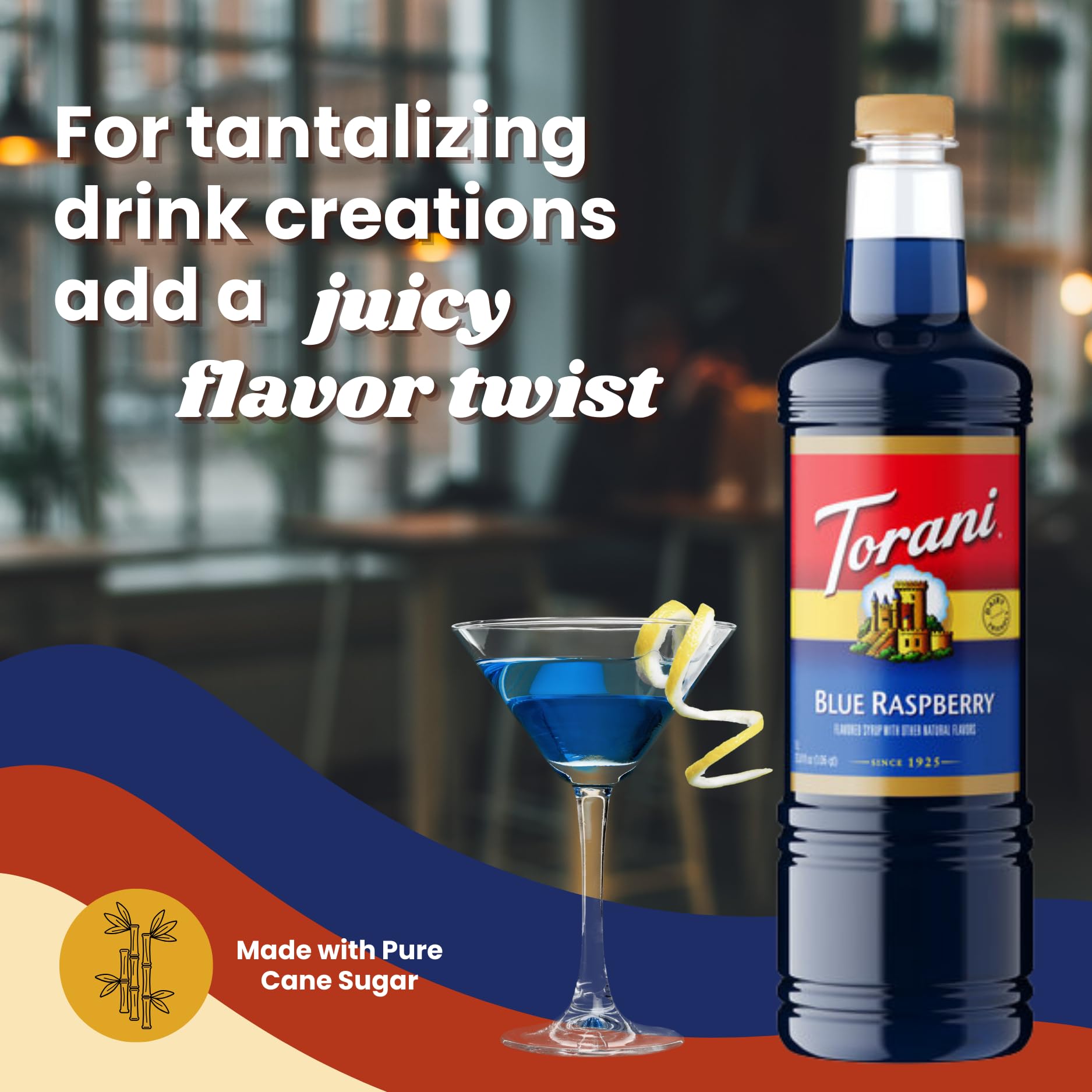 Vanilla ice cream topped with Torani syrup adding fruity visual appeal