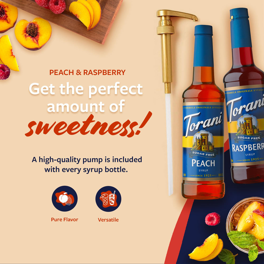 Torani peach bottle label close-up highlighting peach flavor and natural ingredient appeal