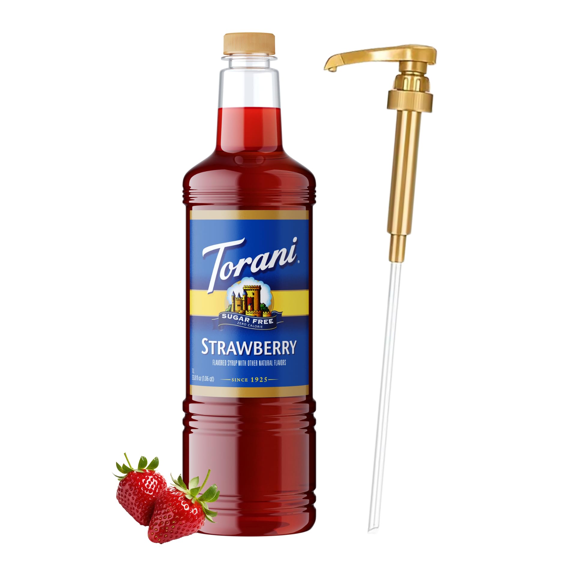 Torani bottle front view showing strawberry flavor and reliable storage benefit
