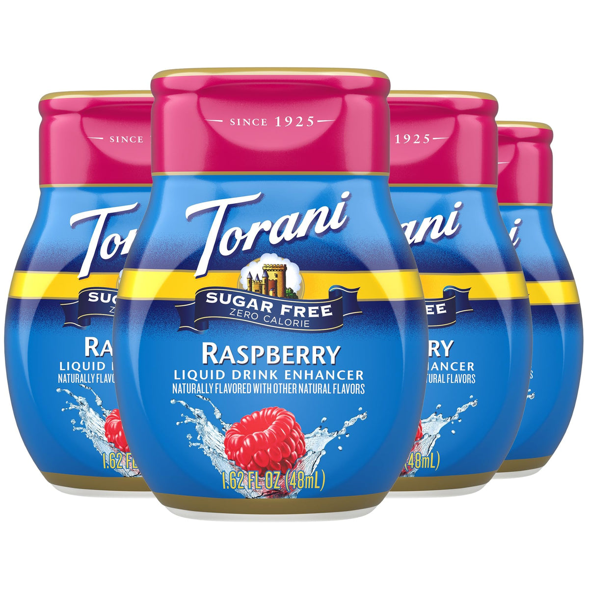 Torani bottle front packaging showing raspberry flavor and compact size benefits