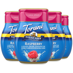Torani bottle front packaging showing raspberry flavor and compact size benefits
