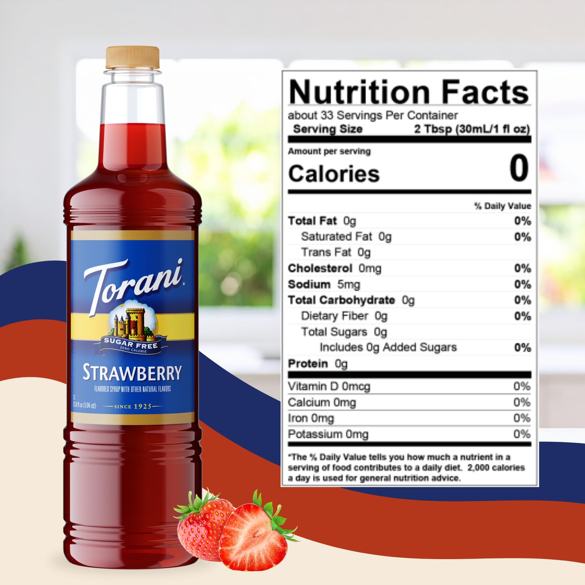 Torani 1L bottle next to a glass showing size and long-lasting supply