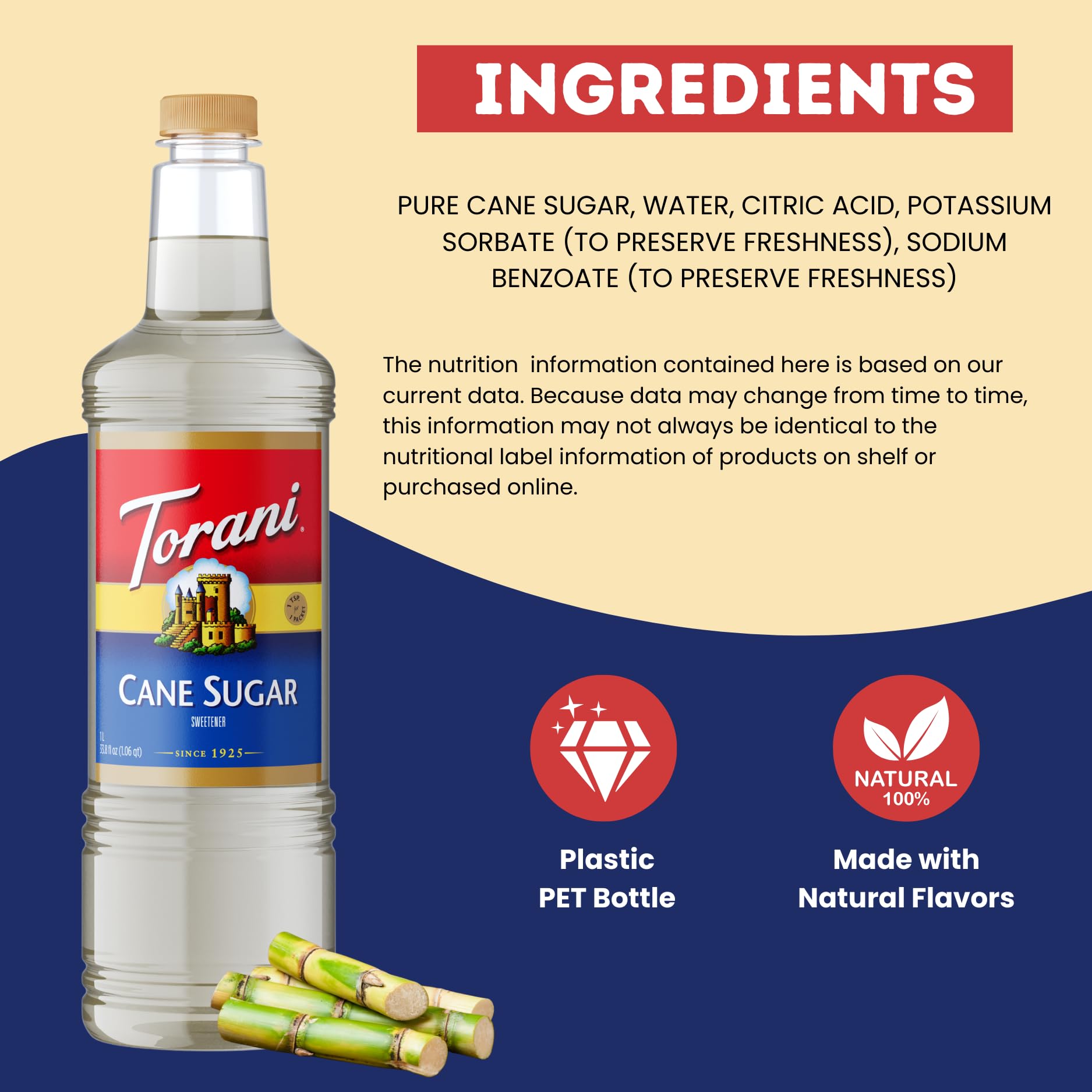 Torani bottle beside a cup to show 1L scale and value for busy service
